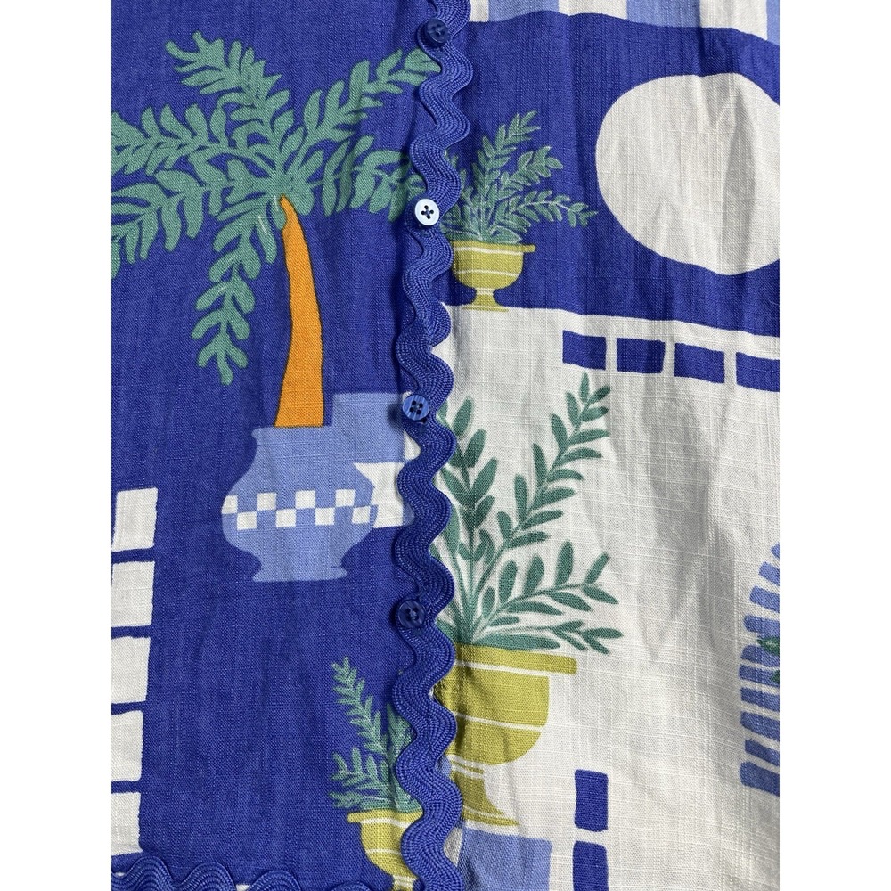Calypso St Barth XS Linen Blend Ric Rac Trim Button Front Top Blue Print - Picture 3 of 10
